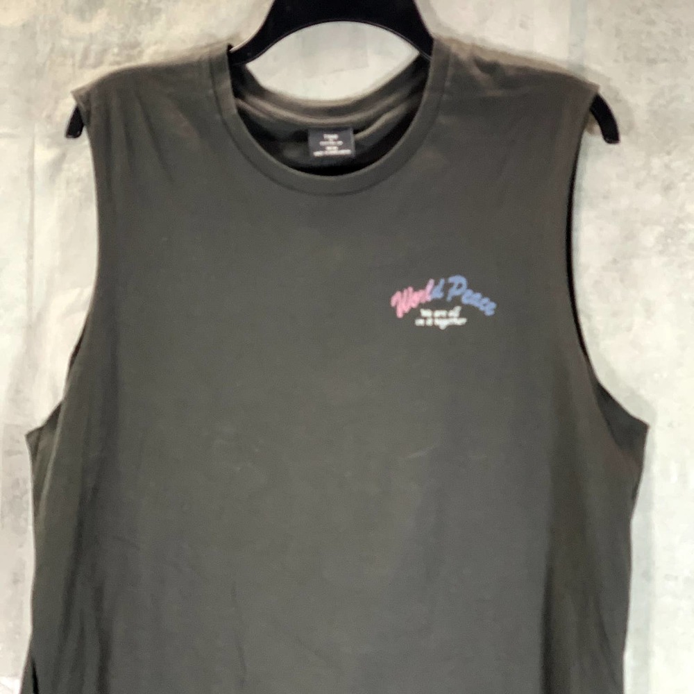 Cotton:On Men's Washed Black World Peace Tbar Msucle T-Shirt SZ M - Picture 3 of 12